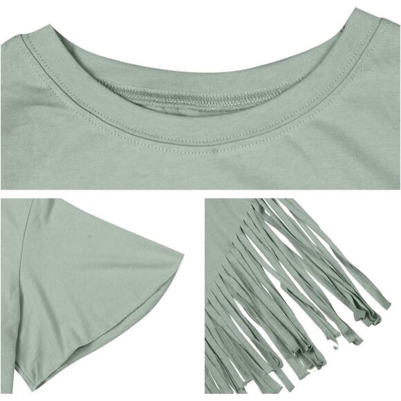 Womens Fringe Hem Short Sleeve Round Neck T Shirt Oversized Tee Top - Picture 4 of 6